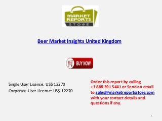 Beer Market Insights United Kingdom
Single User License: US$ 12270
Corporate User License: US$ 12270
Order this report by calling
+1 888 391 5441 or Send an email
to sales@marketreportsstore.com
with your contact details and
questions if any.
1
 