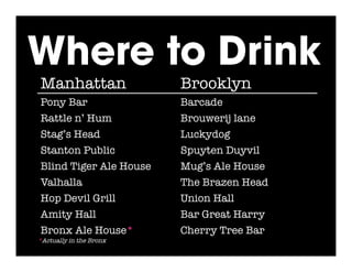 Where to Drink
Manhattan
                Brooklyn
Pony Bar
                 Barcade
Rattle n’ Hum
            Brouwerij lane
Stag’s Head
              Luckydog
Stanton Public
           Spuyten Duyvil
Blind Tiger Ale House
    Mug’s Ale House
Valhalla
                 The Brazen Head
Hop Devil Grill
          Union Hall
Amity Hall
               Bar Great Harry
Bronx Ale House*
         Cherry Tree Bar
*Actually in the Bronx
 