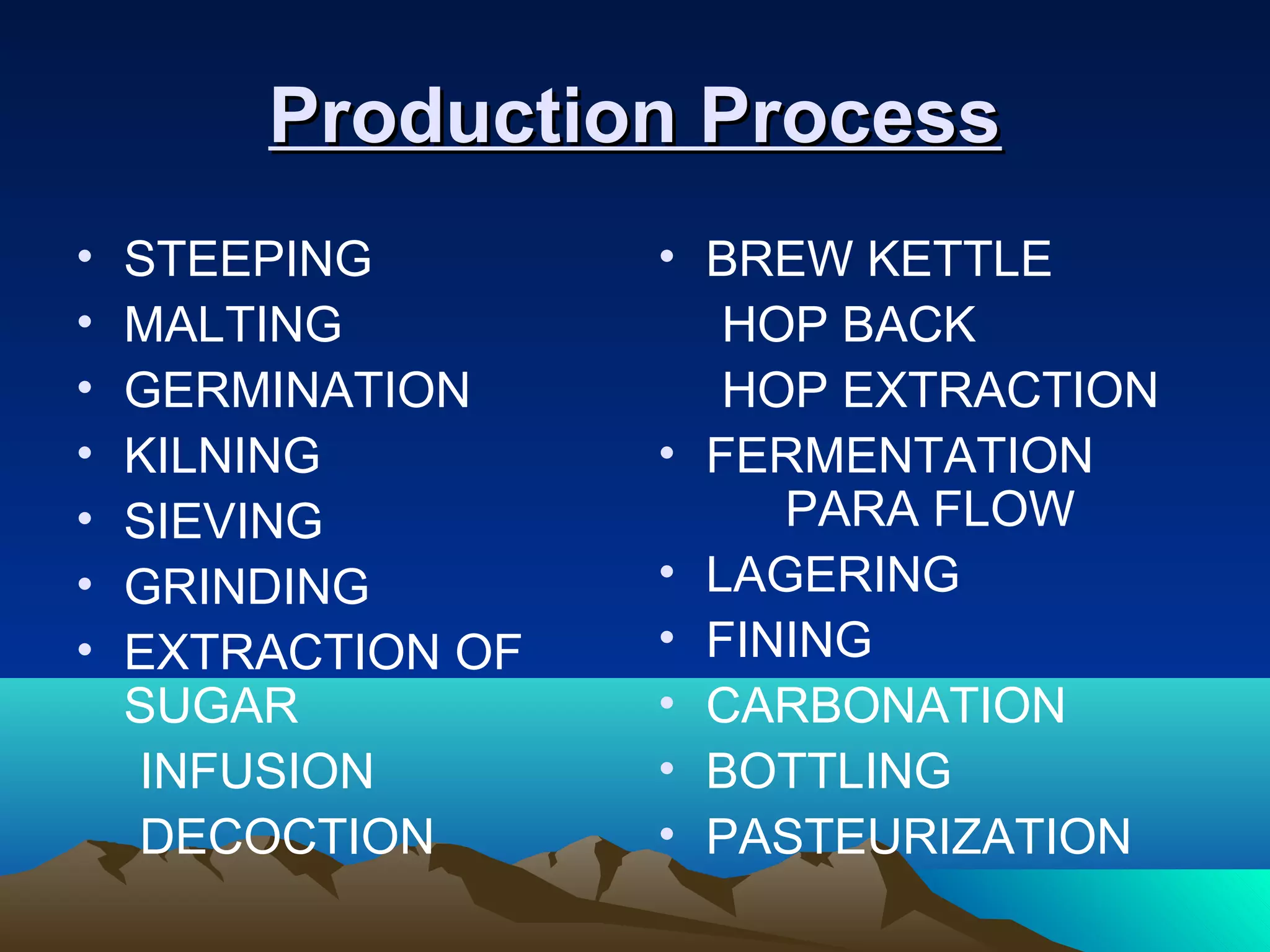 Production ProcessProduction Process
• STEEPING
• MALTING
• GERMINATION
• KILNING
• SIEVING
• GRINDING
• EXTRACTION OF
SUGAR
INFUSION
DECOCTION
• BREW KETTLE
HOP BACK
HOP EXTRACTION
• FERMENTATION
PARA FLOW
• LAGERING
• FINING
• CARBONATION
• BOTTLING
• PASTEURIZATION
 