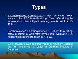 TypesTypes
• Saccharomyces Cerevaciae – Top fermenting yeast
work at 15 –19 0C & settle at top of wort after doing the
fermentation. Hence top-fermenting beer is drunk at 15-
19 0C.
• Saccharomyces Carlsbergeneces – Bottom fermenting,
settle in bottom of wort after fermntation , work at 2-6 0C
hence these beers are taken at 4-5 0C.
• Emil Hansen developed this yeast in 1883 by isolating
the first single cell of yeast in Carlberg brewery of
Denmark
 