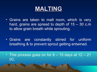 MALTINGMALTING
• Grains are taken to malt room, which is very
hard, grains are spread to depth of 15 – 30 c.m
to allow grain breath while sprouting.
• Grains are constantly stirred for uniform
breathing & to prevent sprout getting entwined.
• This process goes on for 6 – 15 days at 12 – 21
0C.
 