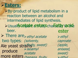 Esters:
  By-product of lipid metabolism in a
   reaction between an alcohol and
   intermediates of lipid synthesis.
         Acetate esters Fatty acid
  Usually impart a fruity character to the
   beer.                          ester
 There areethyl acetate       ethyl
 two types: (solventy,          caproate
Ale yeast strains sweet)
             fruity,           (apple,
             isoamyl           aniseed,
 produce acetate                sweet)
more esters
 