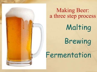 Making Beer:
 a three step process

        Malting
       Brewing
Fermentation
 