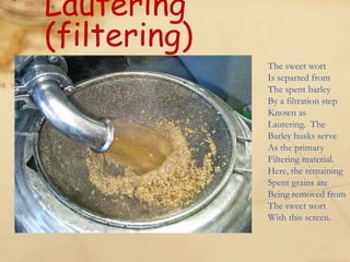 Lautering
(filtering)
              The sweet wort
              Is separted from
              The spent barley
              By a filtration step
              Known as
              Lautering. The
              Barley husks serve
              As the primary
              Filtering material.
              Here, the remaining
              Spent grains are
              Being removed from
              The sweet wort
              With this screen.
 