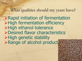 What qualities should my yeast have?
Rapid initiation of fermentation
High fermentation efficiency
High ethanol tolerance
Desired flavor characteristics
High genetic stability
Range of alcohol production
 