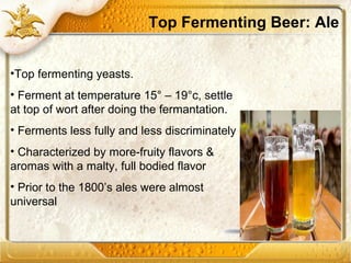 Top Fermenting Beer: Ale
•Top fermenting yeasts.
• Ferment at temperature 15° – 19°c, settle
at top of wort after doing the fermantation.
• Ferments less fully and less discriminately .
• Characterized by more-fruity flavors &
aromas with a malty, full bodied flavor
• Prior to the 1800’s ales were almost
universal
 