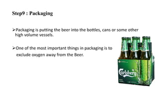 Step9 : Packaging
Packaging is putting the beer into the bottles, cans or some other
high volume vessels.
One of the most important things in packaging is to
exclude oxygen away from the Beer.
 