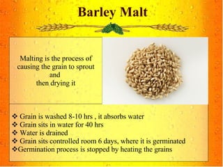 Barley Malt Malting is the process of causing the grain to sprout and  then drying it Grain is washed 8-10 hrs , it absorbs water Grain sits in water for 40 hrs Water is drained Grain sits controlled room 6 days, where it is germinated Germination process is stopped by heating the grains 