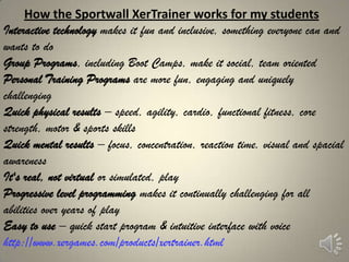 How the Sportwall XerTrainer works for my students
Interactive technology makes it fun and inclusive, something everyone can and
wants to do
Group Programs, including Boot Camps, make it social, team oriented
Personal Training Programs are more fun, engaging and uniquely
challenging
Quick physical results – speed, agility, cardio, functional fitness, core
strength, motor & sports skills
Quick mental results – focus, concentration, reaction time, visual and spacial
awareness
It's real, not virtual or simulated, play
Progressive level programming makes it continually challenging for all
abilities over years of play
Easy to use – quick start program & intuitive interface with voice
http://www.xergames.com/products/xertrainer.html
 
