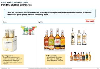 II. Beer & Spirits Innovation Trends

Trend #6: Blurring Boundaries
With the traditional breadwinner model is not representing neither developed nor developing economies,
traditional spirits gender barriers are coming down.

Beers

Copenhagen beer
•  Carlsberg launched this beer ,
which breaks category codes and is
rooted in fashion and design
•  Intended for both modern women
and men

© Advisium Group. 2014.

EXAMPLES

Spirits

Jim Beam Red Stag
•  Hardcore Cider launched in
2013 to join the Red Stag
family of Jim Bean’s franchise

This presentation was prepared by Advisium Group for its potential clients, no part of it may be disclosed without permission.

p. 21

 