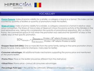 VOCABULARY
•Promo Pressure: index of promo visibility for a retailer, a category a brand or a format. This index can be
counted by quantity of leaflets or quantity of promotions inside the leaflets.
•Share of Voice: index of promo visibility for a retailer, a category a brand or a format in relative value
versus competitors. The Share of Voice index of Hipercom shows the promo activity of the Retailers in the
most exhaustive way, taking into consideration the quantity of promotional operations, SKU’s or SNU in
Promo, the commercial space (in m2) when the promotion was valid and the QUANTITY of days of the
validity days of that specific promotion.
•Shopper Need Unit (SNU): One or more SKU from the same family, being on the same promotion (many
flavors for juice, many colors for shampoo, many sizes for textile)
•Consumer advantages: All additional trade mechanisms supporting the promo price and mentioned
on the promo leaflet.
•Promo Price: Price on the leaflet (should be different from the shelf price)
•Virtual Price: Promo price – (minus) all consumers advantages
•Percentage Point (pp) = the unit for the arithmetic difference of two percentages.
SOVRETAILER A =
𝑃𝑟𝑜𝑚𝑜 ∗ 𝑀2 𝑤ℎ𝑒𝑟𝑒 𝑃𝑟𝑜𝑚𝑜 𝑖𝑠 𝑣𝑎𝑙𝑖𝑑𝑅𝑒𝑡𝑎𝑖𝑙𝑒𝑟 𝐴
𝑃𝑟𝑜𝑚𝑜 ∗ 𝑀2 𝑤ℎ𝑒𝑟𝑒 𝑃𝑟𝑜𝑚𝑜 𝑖𝑠 𝑣𝑎𝑙𝑖𝑑𝐴𝑙𝑙 𝑅𝑒𝑡𝑎𝑖𝑙𝑒𝑟𝑠
3
 