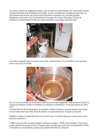 Les odeurs montent et emplissent la pièce, mais le speed ne redescend pas, j'ai 1 heure pour trouver
comment brancher mon refroidisseur à la flotte. Je sais, normalement, on règle ça avant mais, ça
m'a tellement pris la tête, que j'avais choisi d'occulter la question; Là, c'est plus possible.
Finalement, je me sauve avec un branchement sauvage sur le tuyau d'arrosage.A 20 mn de
l'échéance, le branchement est fait, les essais concluants, j'suis large, même pas mal!




C'est dans la gamelle que ça se passe moins bien, comment dire,? Ca se blobifie si vous saisissez
sinon, voyez de vous même.




Et oui, ce truc au milieu, je ne sais pas ce que sais, et s'est pas engageant. Trop tard pour reculer! La
cuisson est terminée. J'enlève le houblon et enclenche le refroidisseur. 20 mn pour passer de 100 à
20° C
Transfert dans le fût de fermentaion. Je confirme, le blob est intense, je perds quelques litres pour
pas en mettre dans le jus final. Prise de densité, c'est pas mal du tout. Au goût, ça me plait.

Pendant ce temps, le sachet de levure est mis dans l'eau. Ca fait des patés pas comme prévu, m'en
fout j'en ai plain le c...

17h00, le fut est enfin remonté à l'appart', barboteur en place. 17H30, fin de ménage. 10 mn après,
je pars chercher les gosses à l'école, j'en peux plus. On diras que le plus dur c'est la première. Enfin
j'vous dirais ça à la prochaine, pasque j'ais quand même hâte d'y retourner.
 