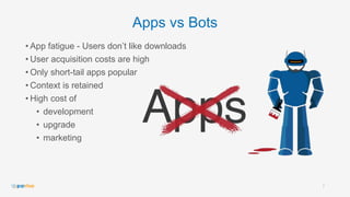 Apps vs Bots
• App fatigue - Users don’t like downloads
• User acquisition costs are high
• Only short-tail apps popular
•...
