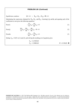 PROBLEM 2.99 (Continued) 
Equilibrium condition: ΣF = 0: ∴ TAB + TAC + TAD + W= 0 
Substituting the expressions obtained for , ,and ; AB AC AD T T T factoring i, j, and k; and equating each of the 
coefficients to zero gives the following equations: 
75 86 AB AD − T + T = (1) 
75 68 86 AB AC AD T + T + T −W = (2) 
68 86 AC AD − T + T = (3) 
T 
T 
PROPRIETARY MATERIAL. © 2013 The McGraw-Hill Companies, Inc. All rights reserved. No part of this Manual may be displayed, 
reproduced or distributed in any form or by any means, without the prior written permission of the publisher, or used beyond the limited 
distribution to teachers and educators permitted by McGraw-Hill for their individual course preparation. If you are a student using this Manual, 
you are using it without permission. 
102 
From i: 
45 50 
0 
From j: 
60 60 60 
0 
From k: 
32 36 
0 
Setting 6 kN AB T = in (1) and (2), and solving the resulting set of equations gives 
6.1920 kN 
5.5080 kN 
AC 
AC 
= 
= W =13.98 kN  
 