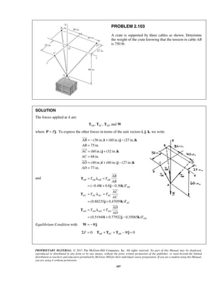 PROBLEM 2.103 
A crate is supported by three cables as shown. Determine 
the weight of the crate knowing that the tension in cable AB 
is 750 lb. 
T λ 
AB AB AB AB 
AB 
AC AC AC AC 
AC 
AD AD AD AD 
 
 
 
PROPRIETARY MATERIAL. © 2013 The McGraw-Hill Companies, Inc. All rights reserved. No part of this Manual may be displayed, 
reproduced or distributed in any form or by any means, without the prior written permission of the publisher, or used beyond the limited 
distribution to teachers and educators permitted by McGraw-Hill for their individual course preparation. If you are a student using this Manual, 
you are using it without permission. 
107 
SOLUTION 
The forces applied at A are: 
, , and AB AC AD T T T W 
where P = Pj. To express the other forces in terms of the unit vectors i, j, k, we write 
(36 in.) (60 in.) (27 in.) 
75 in. 
(60 in.) (32 in.) 
68 in. 
(40 in.) (60 in.) (27 in.) 
77 in. 
AB 
AB 
AC 
AC 
AD 
AD 
= − + − 
= 
= + 
= 
= + − 
= 
i j k 
j k 
i j k 
 
 
 
and 
( 0.48 0.8 0.36 ) 
(0.88235 0.47059 ) 
(0.51948 0.77922 0.35065 ) 
AD 
AB 
T T 
AB 
T 
AC 
T T 
AC 
T 
AD 
T T 
AD 
T 
= = 
= − i + j − 
k 
= = 
= + 
= = 
= + − 
T λ 
j k 
T λ 
i j k 
Equilibrium Condition with W= −Wj 
0: 0 AB AC AD ΣF = T + T + T −Wj = 
 