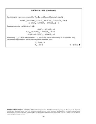 PROBLEM 2.103 (Continued) 
Substituting the expressions obtained for , ,and AB AC AD T T T and factoring i, j, and k: 
− + + + + − 
i j 
( 0.48 T 0.51948 T ) (0.8 T 0.88235 T 0.77922 T W 
) 
AB AD AB AC AD 
+ − + − = 
( 0.36 T 0.47059 T 0.35065 T 
) 0 
AB AC AD 
− T + T 
= 
AB AD 
+ + − = 
T T T W 
AB AC AD 
− T + T − T 
= 
T 
T 
PROPRIETARY MATERIAL. © 2013 The McGraw-Hill Companies, Inc. All rights reserved. No part of this Manual may be displayed, 
reproduced or distributed in any form or by any means, without the prior written permission of the publisher, or used beyond the limited 
distribution to teachers and educators permitted by McGraw-Hill for their individual course preparation. If you are a student using this Manual, 
you are using it without permission. 
108 
k 
Equating to zero the coefficients of i, j, k: 
0.48 0.51948 0 
0.8 0.88235 0.77922 0 
0.36 0.47059 0.35065 0 
AB AC AD 
Substituting 750 lb AB T = in Equations (1), (2), and (3) and solving the resulting set of equations, using 
conventional algorithms for solving linear algebraic equations, gives: 
1090.1 lb 
693 lb 
AC 
AD 
= 
= W = 2100 lb  
 