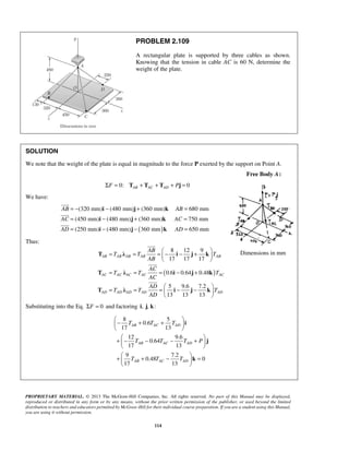 PROBLEM 2.109 
A rectangular plate is supported by three cables as shown. 
Knowing that the tension in cable AC is 60 N, determine the 
weight of the plate. 
SOLUTION 
We note that the weight of the plate is equal in magnitude to the force P exerted by the support on Point A. 
= − i − j + k 
= 
= i − j + k 
= 
= i − j − k 
= 
(320 mm) (480 mm) (360 mm) 680 mm 
(450 mm) (480 mm) (360 mm) 750 mm 
(250 mm) (480 mm) 360 mm 650 mm 
AB AB 
AC AC 
AD AD 
  = = =  − − +  
8 12 9 
17 17 17 
AB 
T λ i j k 
T T T 
AB AB AB AB AB 
AB 
AC 
T λ i j k 
T T T 
AC AC AC AC AC 
AC 
AD 
T λ i j k 
T T T 
  − T + T + T 
 AB AC AD 
 
 
+  −   T − AB T − AC T + AD 
P 
 
  
+  + −   T T T 
=  AB AC AD 
 
 
PROPRIETARY MATERIAL. © 2013 The McGraw-Hill Companies, Inc. All rights reserved. No part of this Manual may be displayed, 
reproduced or distributed in any form or by any means, without the prior written permission of the publisher, or used beyond the limited 
distribution to teachers and educators permitted by McGraw-Hill for their individual course preparation. If you are a student using this Manual, 
you are using it without permission. 
114 
Free Body A: 
ΣF = 0: TAB + TAC + TAD + Pj = 0 
We have: 
( ) 
 
 
 
Thus: 
( 0.6 0.64 0.48 
) 
5 9.6 7.2 
13 13 13 
AD AD AD AD AD 
AD 
  
= = = − + 
  = = =  − −  
  
 
 
 
Substituting into the Eq. ΣF = 0 and factoring i, j, k: 
8 5 
0.6 
17 13 
12 9.6 
0.64 
17 13 
9 7.2 
0.48 0 
17 13 
i 
j 
k 
Dimensions in mm 
 