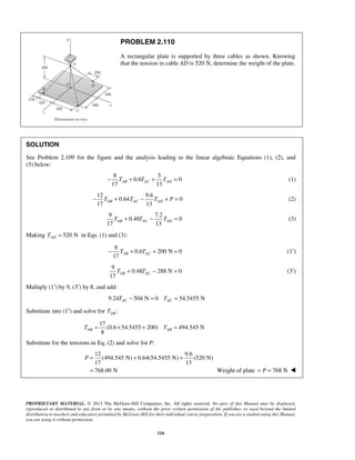 PROBLEM 2.110 
A rectangular plate is supported by three cables as shown. Knowing 
that the tension in cable AD is 520 N, determine the weight of the plate. 
SOLUTION 
See Problem 2.109 for the figure and the analysis leading to the linear algebraic Equations (1), (2), and 
(3) below: 
8 5 
− TAB + 0.6 TAC + TAD = 0 
(1) 
17 13 17 13 AB AC AD − T + T − T + P = (2) 
17 13 AB AC AD T + T − T = (3) 
17 AB AC − T + T + = (1′) 
9 
17 AB AC T + T − = (3′) 
P= + + 
= Weight of plate = P = 768 N  
PROPRIETARY MATERIAL. © 2013 The McGraw-Hill Companies, Inc. All rights reserved. No part of this Manual may be displayed, 
reproduced or distributed in any form or by any means, without the prior written permission of the publisher, or used beyond the limited 
distribution to teachers and educators permitted by McGraw-Hill for their individual course preparation. If you are a student using this Manual, 
you are using it without permission. 
116 
12 9.6 
0.64 0 
9 7.2 
0.48 0 
Making 520 N AD T = in Eqs. (1) and (3): 
8 
0.6 200 N 0 
0.48 288 N 0 
Multiply (1′) by 9, (3′) by 8, and add: 
9.24 504 N 0 54.5455 N AC AC T − = T = 
Substitute into (1′) and solve for : AB T 
17 
(0.6 54.5455 200) 494.545 N 
8 AB AB T = × + T = 
Substitute for the tensions in Eq. (2) and solve for P: 
12 9.6 
(494.545 N) 0.64(54.5455 N) (520 N) 
17 13 
768.00 N 
 