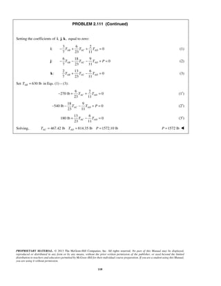 PROBLEM 2.111 (Continued) 
7 23 11 AB AC AD − T + T + T = (1) 
7 23 11 AB AC AD − T − T − T + P = (2) 
7 23 11 AB AC AD T + T − T = (3) 
23 11 AC AD − + T + T = (1′) 
23 11 AC AD − − T − T + P = (2′) 
23 11 AC AD + T − T = (3′) 
PROPRIETARY MATERIAL. © 2013 The McGraw-Hill Companies, Inc. All rights reserved. No part of this Manual may be displayed, 
reproduced or distributed in any form or by any means, without the prior written permission of the publisher, or used beyond the limited 
distribution to teachers and educators permitted by McGraw-Hill for their individual course preparation. If you are a student using this Manual, 
you are using it without permission. 
118 
Setting the coefficients of i, j, k, equal to zero: 
i: 
3 6 2 
0 
j: 
6 18 9 
0 
k: 
2 13 6 
0 
Set 630 lb AB T = in Eqs. (1) – (3): 
6 2 
270 lb 0 
18 9 
540 lb 0 
13 6 
180 lb 0 
Solving, 467.42 lb 814.35 lb 1572.10 lb AC AD T = T = P = P =1572 lb  
 