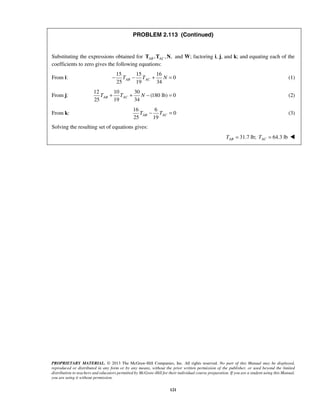 PROBLEM 2.113 (Continued) 
Substituting the expressions obtained for , , , AB AC T T N and W; factoring i, j, and k; and equating each of the 
coefficients to zero gives the following equations: 
25 19 34 − TAB − TAC + N = (1) 
25 19 34 AB AC T + T + N − = (2) 
25 19 AB AC T − T = (3) 
PROPRIETARY MATERIAL. © 2013 The McGraw-Hill Companies, Inc. All rights reserved. No part of this Manual may be displayed, 
reproduced or distributed in any form or by any means, without the prior written permission of the publisher, or used beyond the limited 
distribution to teachers and educators permitted by McGraw-Hill for their individual course preparation. If you are a student using this Manual, 
you are using it without permission. 
121 
From i: 
15 15 16 
0 
From j: 
12 10 30 
(180 lb) 0 
From k: 
16 6 
0 
Solving the resulting set of equations gives: 
31.7 lb; 64.3 lb AB AC T = T =  
 