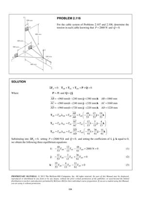 PROBLEM 2.116 
For the cable system of Problems 2.107 and 2.108, determine the 
tension in each cable knowing that P = 2880 N and Q = 0. 
= − i − j + k 
= 
= − i − j − k 
= 
= − i + j − k 
= 
 
 
 
= = AB 
=   − − +   
T T λ T T 
i j k 
AB 
AC 
T T λ T T 
i j k 
AC 
AD 
T T λ T T 
i j k 
53 13 61 AB AC AD i − T − T − T + = (1) 
53 13 61 AB AC AD j − T − T + T = (2) 
53 13 61 AB AC AD k T − T − T = (3) 
PROPRIETARY MATERIAL. © 2013 The McGraw-Hill Companies, Inc. All rights reserved. No part of this Manual may be displayed, 
reproduced or distributed in any form or by any means, without the prior written permission of the publisher, or used beyond the limited 
distribution to teachers and educators permitted by McGraw-Hill for their individual course preparation. If you are a student using this Manual, 
you are using it without permission. 
124 
SOLUTION 
0: 0 A AB AC AD ΣF = T + T + T + P +Q = 
Where P = Pi and Q = Qj 
(960 mm) (240 mm) (380 mm) 1060 mm 
(960 mm) (240 mm) (320 mm) 1040 mm 
(960 mm) (720 mm) (220 mm) 1220 mm 
AB AB 
AC AC 
AD AD 
48 12 19 
53 53 53 
12 3 4 
13 13 13 
48 36 11 
61 61 61 
AB AB AB AB AB 
AC AC AC AC AC 
AD AD AD AD AD 
AD 
  
= = =  − − −    
  
= = = − + −    
  
 
 
 
Substituting into 0, A ΣF = setting P = (2880 N)i and Q = 0, and setting the coefficients of i, j, k equal to 0, 
we obtain the following three equilibrium equations: 
48 12 48 
: 2880 N 0 
12 3 36 
: 0 
19 4 11 
: 0 
 