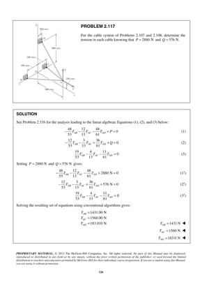 PROBLEM 2.117 
For the cable system of Problems 2.107 and 2.108, determine the 
tension in each cable knowing that P = 2880 N and Q = 576 N. 
SOLUTION 
See Problem 2.116 for the analysis leading to the linear algebraic Equations (1), (2), and (3) below: 
48 12 48 
53 13 61 AB AC AD − T − T − T + P = (1) 
12 3 36 
53 13 61 AB AC AD − T − T + T + Q = (2) 
53 13 61 AB AC AD T − T − T = (3) 
53 13 61 AB AC AD − T − T − T + = (1′) 
53 13 61 AB AC AD − T − T + T + = (2′) 
53 13 61 AB AC AD T − T − T = (3′) 
T 
T 
T 
PROPRIETARY MATERIAL. © 2013 The McGraw-Hill Companies, Inc. All rights reserved. No part of this Manual may be displayed, 
reproduced or distributed in any form or by any means, without the prior written permission of the publisher, or used beyond the limited 
distribution to teachers and educators permitted by McGraw-Hill for their individual course preparation. If you are a student using this Manual, 
you are using it without permission. 
126 
0 
0 
19 4 11 
0 
Setting P = 2880 N and Q = 576 N gives: 
48 12 48 
2880 N 0 
12 3 36 
576 N 0 
19 4 11 
0 
Solving the resulting set of equations using conventional algorithms gives: 
1431.00 N 
1560.00 N 
183.010 N 
AB 
AC 
AD 
= 
= 
= 1431 N AB T =  
1560 N AC T =  
183.0 N AD T =  
 