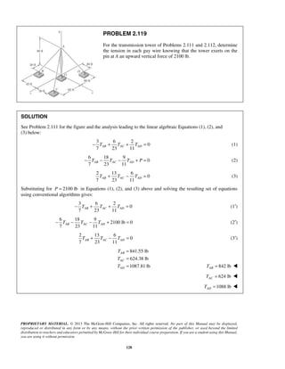 PROBLEM 2.119 
For the transmission tower of Problems 2.111 and 2.112, determine 
the tension in each guy wire knowing that the tower exerts on the 
pin at A an upward vertical force of 2100 lb. 
SOLUTION 
See Problem 2.111 for the figure and the analysis leading to the linear algebraic Equations (1), (2), and 
(3) below: 
3 6 2 
7 23 11 − TAB + TAC + TAD = (1) 
6 18 9 
7 23 11 AB AC AD − T − T − T + P = (2) 
7 23 11 AB AC AD T + T − T = (3) 
7 23 11 AB AC AD − T + T + T = (1′) 
7 23 11 AB AC AD − T − T − T + = (2′) 
7 23 11 AB AC AD T + T − T = (3′) 
T 
T 
T 
PROPRIETARY MATERIAL. © 2013 The McGraw-Hill Companies, Inc. All rights reserved. No part of this Manual may be displayed, 
reproduced or distributed in any form or by any means, without the prior written permission of the publisher, or used beyond the limited 
distribution to teachers and educators permitted by McGraw-Hill for their individual course preparation. If you are a student using this Manual, 
you are using it without permission. 
128 
0 
0 
2 13 6 
0 
Substituting for P = 2100 lb in Equations (1), (2), and (3) above and solving the resulting set of equations 
using conventional algorithms gives: 
3 6 2 
0 
6 18 9 
2100 lb 0 
2 13 6 
0 
841.55 lb 
624.38 lb 
1087.81 lb 
AB 
AC 
AD 
= 
= 
= 842 lb AB T =  
624 lb AC T =  
1088 lb AD T =  
 