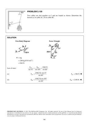 PROBLEM 2.130 
Two cables are tied together at C and are loaded as shown. Determine the 
tension (a) in cable AC, (b) in cable BC. 
mg 
(200 kg)(9.81 m/s ) 
1962 N 
AC BC T T = = 
° ° ° 
= ° 
= ° 
PROPRIETARY MATERIAL. © 2013 The McGraw-Hill Companies, Inc. All rights reserved. No part of this Manual may be displayed, 
reproduced or distributed in any form or by any means, without the prior written permission of the publisher, or used beyond the limited 
distribution to teachers and educators permitted by McGraw-Hill for their individual course preparation. If you are a student using this Manual, 
you are using it without permission. 
142 
SOLUTION 
Free-Body Diagram Force Triangle 
2 
W = 
= 
= 
Law of sines: 
1962 N 
sin 15 sin 105 sin 60 
(a) 
(1962 N) sin 15 
sin 60 TAC 
° 
586 N AC T =  
(b) 
(1962 N) sin 105 
sin 60 TBC 
° 
2190 N BC T =  
 