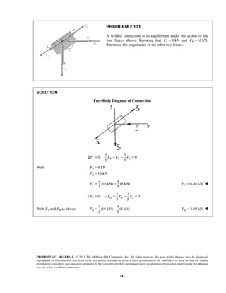 PROBLEM 2.131 
A welded connection is in equilibrium under the action of the 
four forces shown. Knowing that 8 A F = kN and 16 B F = kN, 
determine the magnitudes of the other two forces. 
5 5 ΣFx = FB − FC − FA = 
F 
F 
5 5 y D B A Σ F = − F + F − F =  
PROPRIETARY MATERIAL. © 2013 The McGraw-Hill Companies, Inc. All rights reserved. No part of this Manual may be displayed, 
reproduced or distributed in any form or by any means, without the prior written permission of the publisher, or used beyond the limited 
distribution to teachers and educators permitted by McGraw-Hill for their individual course preparation. If you are a student using this Manual, 
you are using it without permission. 
143 
SOLUTION 
Free-Body Diagram of Connection 
3 3 
0: 0 
With 8 kN 
16 kN 
A 
B 
= 
= 
4 4 
(16 kN) (8 kN) 
5 5 C F = − 6.40 kN C F =  
3 3 
0: 0 
With FA and FB as above: 
3 3 
(16 kN) (8 kN) 
5 5 D F = −  4.80 kN D F =  
 