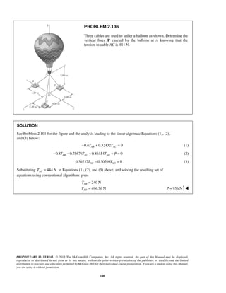 PROBLEM 2.136 
Three cables are used to tether a balloon as shown. Determine the 
vertical force P exerted by the balloon at A knowing that the 
tension in cable AC is 444 N. 
SOLUTION 
See Problem 2.101 for the figure and the analysis leading to the linear algebraic Equations (1), (2), 
and (3) below: 
−0.6TAB + 0.32432TAC = 0 (1) 
0.8 0.75676 0.86154 0 AB AC AD − T − T − T + P = (2) 
0.56757 0.50769 0 AC AD T − T = (3) 
Substituting 444 N AC T = in Equations (1), (2), and (3) above, and solving the resulting set of 
equations using conventional algorithms gives 
240 N 
496.36 N 
T 
T 
PROPRIETARY MATERIAL. © 2013 The McGraw-Hill Companies, Inc. All rights reserved. No part of this Manual may be displayed, 
reproduced or distributed in any form or by any means, without the prior written permission of the publisher, or used beyond the limited 
distribution to teachers and educators permitted by McGraw-Hill for their individual course preparation. If you are a student using this Manual, 
you are using it without permission. 
148 
AB 
AD 
= 
= P = 956 N  
 