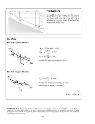 = + = 
= = ° 
250 N 765 N 1015 N 
W 
θ 
θ 
6 θCD = − = ° 
Use this free body to determine TCD and WF. 
Then weight of skier WS is found by 
PROPRIETARY MATERIAL. © 2013 The McGraw-Hill Companies, Inc. All rights reserved. No part of this Manual may be displayed, 
reproduced or distributed in any form or by any means, without the prior written permission of the publisher, or used beyond the limited 
distribution to teachers and educators permitted by McGraw-Hill for their individual course preparation. If you are a student using this Manual, 
you are using it without permission. 
152 
PROBLEM 2.F2 
A chairlift has been stopped in the position 
shown. Knowing that each chair weighs 250 N 
and that the skier in chair E weighs 765 N, draw 
the free-body diagrams needed to determine the 
weight of the skier in chair F. 
SOLUTION 
Free-Body Diagram of Point B: 
1 
1 
8.25 
tan 30.510 
14 
10 
tan 22.620 
24 
E 
AB 
BC 
− 
− 
= = ° 
Use this free body to determine TAB and TBC. 
Free-Body Diagram of Point C: 
1 1.1 
tan 10.3889 
250 N S F W =W −  
 
 