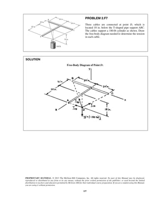 PROBLEM 2.F7 
Three cables are connected at point D, which is 
located 18 in. below the T-shaped pipe support ABC. 
The cables support a 180-lb cylinder as shown. Draw 
the free-body diagram needed to determine the tension 
in each cable. 
PROPRIETARY MATERIAL. © 2013 The McGraw-Hill Companies, Inc. All rights reserved. No part of this Manual may be displayed, 
reproduced or distributed in any form or by any means, without the prior written permission of the publisher, or used beyond the limited 
distribution to teachers and educators permitted by McGraw-Hill for their individual course preparation. If you are a student using this Manual, 
you are using it without permission. 
157 
SOLUTION 
Free-Body Diagram of Point D: 
 
 
 