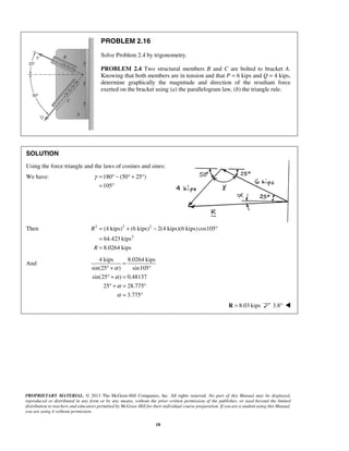 PROBLEM 2.16 
Solve Problem 2.4 by trigonometry. 
PROBLEM 2.4 Two structural members B and C are bolted to bracket A. 
Knowing that both members are in tension and that P = 6 kips and Q = 4 kips, 
determine graphically the magnitude and direction of the resultant force 
exerted on the bracket using (a) the parallelogram law, (b) the triangle rule. 
SOLUTION 
Using the force triangle and the laws of cosines and sines: 
We have: 180 (50 25 ) 
γ= °− °+ ° 
= ° 
(4 kips) (6 kips) 2(4 kips)(6 kips) cos105 
64.423 kips 
8.0264 kips 
= 
° + ° 
° + = 
° + = ° 
PROPRIETARY MATERIAL. © 2013 The McGraw-Hill Companies, Inc. All rights reserved. No part of this Manual may be displayed, 
reproduced or distributed in any form or by any means, without the prior written permission of the publisher, or used beyond the limited 
distribution to teachers and educators permitted by McGraw-Hill for their individual course preparation. If you are a student using this Manual, 
you are using it without permission. 
18 
105 
Then 2 2 2 
2 
R 
R 
= + − ° 
= 
= 
And 
4 kips 8.0264 kips 
sin(25 ) sin105 
sin(25 ) 0.48137 
25 28.775 
3.775 
α 
α 
α 
α 
= ° 
R = 8.03 kips 3.8°  
 