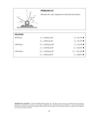 PROBLEM 2.21 
Determine the x and y components of each of the forces shown. 
SOLUTION 
80-N Force: (80 N) cos 40 x F = + ° 61.3 N x F =  
Fy = +(80 N) sin 40° 51.4 N Fy =  
120-N Force: (120 N) cos 70 x F = + ° 41.0 N x F =  
(120 N) sin 70 Fy = + ° 112.8 N Fy =  
150-N Force: (150 N) cos35 x F = − ° 122. 9 N x F = −  
(150 N) sin 35 Fy = + ° 86.0 N Fy =  
PROPRIETARY MATERIAL. © 2013 The McGraw-Hill Companies, Inc. All rights reserved. No part of this Manual may be displayed, 
reproduced or distributed in any form or by any means, without the prior written permission of the publisher, or used beyond the limited 
distribution to teachers and educators permitted by McGraw-Hill for their individual course preparation. If you are a student using this Manual, 
you are using it without permission. 
23 
 