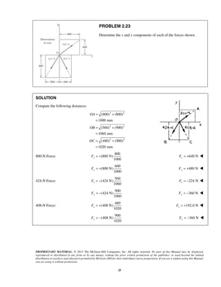 PROBLEM 2.23 
Determine the x and y components of each of the forces shown. 
(600) (800) 
1000 mm 
(560) (900) 
1060 mm 
(480) (900) 
1020 mm 
1000 x F = + 640 N x F = +  
1000 Fy = + Fy = +480 N  
1060 x F = − 224 N x F = −  
1060 y F = − 360 N Fy = −  
1020 x F = + 192.0 N x F = +  
1020 y F = − 360 N Fy = −  
PROPRIETARY MATERIAL. © 2013 The McGraw-Hill Companies, Inc. All rights reserved. No part of this Manual may be displayed, 
reproduced or distributed in any form or by any means, without the prior written permission of the publisher, or used beyond the limited 
distribution to teachers and educators permitted by McGraw-Hill for their individual course preparation. If you are a student using this Manual, 
you are using it without permission. 
25 
SOLUTION 
Compute the following distances: 
2 2 
2 2 
2 2 
OA 
OB 
OC 
= + 
= 
= + 
= 
= + 
= 
800-N Force: 
800 
(800 N) 
600 
(800 N) 
424-N Force: 
560 
(424 N) 
900 
(424 N) 
408-N Force: 
480 
(408 N) 
900 
(408 N) 
 