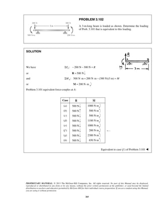 PROBLEM 3.102 
A 3-m-long beam is loaded as shown. Determine the loading 
of Prob. 3.101 that is equivalent to this loading. 
PROPRIETARY MATERIAL. © 2013 The McGraw-Hill Companies, Inc. All rights reserved. No part of this Manual may be displayed, 
reproduced or distributed in any form or by any means, without the prior written permission of the publisher, or used beyond the limited 
distribution to teachers and educators permitted by McGraw-Hill for their individual course preparation. If you are a student using this Manual, 
you are using it without permission. 
265 
SOLUTION 
We have ΣFY : − 200 N − 300 N = R 
or R = 500 N 
and : 500 N m 200 N m (300 N)(3 m) AΣM ⋅ + ⋅ − = M 
or M = 200 N⋅m 
Problem 3.101 equivalent force-couples at A: 
Case R 
M  
(a) 500 N 1000 N⋅m 
(b) 500 N 500 N⋅m 
(c) 500 N 500 N⋅m 
(d) 500 N 1100 N⋅m 
(e) 500 N 1000 N⋅m 
(f ) 500 N 200 N⋅m 
(g) 500 N 2300 N⋅m 
(h) 500 N 650 N⋅m 
Equivalent to case (f ) of Problem 3.101  
 