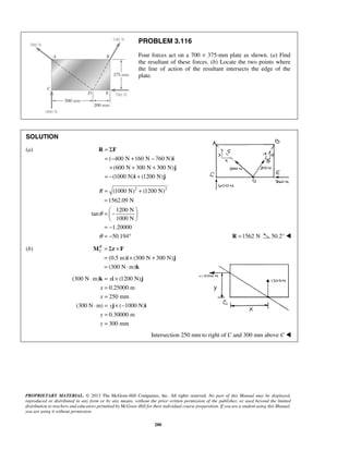 PROBLEM 3.116 
Four forces act on a 700 × 375-mm plate as shown. (a) Find 
the resultant of these forces. (b) Locate the two points where 
the line of action of the resultant intersects the edge of the 
plate. 
= Σ 
= − + − 
+ + + 
= − + 
R F 
i 
j 
R 
C = Σ × 
= × + 
= ⋅ 
M r F 
i j 
⋅ = × 
k x 
i j 
PROPRIETARY MATERIAL. © 2013 The McGraw-Hill Companies, Inc. All rights reserved. No part of this Manual may be displayed, 
reproduced or distributed in any form or by any means, without the prior written permission of the publisher, or used beyond the limited 
distribution to teachers and educators permitted by McGraw-Hill for their individual course preparation. If you are a student using this Manual, 
you are using it without permission. 
280 
SOLUTION 
(a) 
( 400 N 160 N 760 N) 
(600 N 300 N 300 N) 
(1000 N) i (1200 N) 
j 
(1000 N)2 (1200 N)2 
1562.09 N 
1200 N 
tan 
1000 N 
1.20000 
50.194 
R 
θ 
θ 
= + 
= 
=  −    
  
= − 
= − ° R =1562 N 50.2°  
(b) 
(0.5 m) (300 N 300 N) 
(300 N m) 
k 
(300 N m) (1200 N) 
0.25000 m 
250 mm 
(300 N m) ( 1000 N) 
0.30000 m 
300 mm 
x 
x 
y 
y 
y 
= 
= 
⋅ = × − 
= 
= 
j i 
Intersection 250 mm to right of C and 300 mm above C  
 