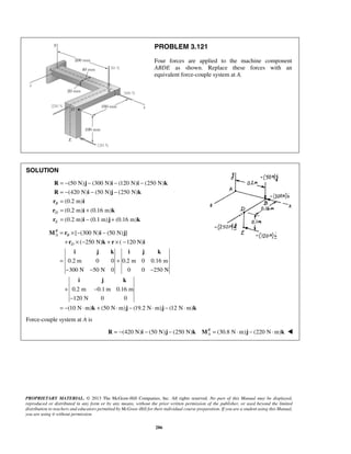 PROBLEM 3.121 
Four forces are applied to the machine component 
ABDE as shown. Replace these forces with an 
equivalent force-couple system at A. 
R 
A B 
= ×− − 
+ × − + × − 
M r i j 
r k r i 
D 
i j k i j k 
= + 
− − − 
i j k 
+ − 
− 
=− ⋅ + ⋅ − ⋅ − ⋅ 
PROPRIETARY MATERIAL. © 2013 The McGraw-Hill Companies, Inc. All rights reserved. No part of this Manual may be displayed, 
reproduced or distributed in any form or by any means, without the prior written permission of the publisher, or used beyond the limited 
distribution to teachers and educators permitted by McGraw-Hill for their individual course preparation. If you are a student using this Manual, 
you are using it without permission. 
286 
SOLUTION 
(50 N) (300 N) (120 N) (250 N) 
(420 N) (50 N) (250 N) 
(0.2 m) 
(0.2 m) (0.16 m) 
(0.2 m) (0.1 m) (0.16 m) 
B 
D 
E 
= − − − − 
= − − − 
= 
= + 
= − + 
R j i i k 
R i j k 
r i 
r i k 
r i j k 
[ (300 N) (50 N) ] 
( 250 N) ( 120 N) 
0.2 m 0 0 0.2 m 0 0.16 m 
300 N 50 N 0 0 0 250 N 
0.2 m 0.1 m 0.16 m 
120 N 0 0 
(10 N m) (50 N m) (19.2 N m) (12 N m) 
k j j k 
Force-couple system at A is 
(420 N) (50 N) (250 N) R (30.8 N m) (220 N m) 
A R = − i − j − k M = ⋅ j − ⋅ k  
 