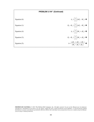 PROBLEM 3.144* (Continued) 
  
=   − 
  
  
= −   − 
  
=   + 
  
  
= −   + 
+ + 
xM yM zM 
PROPRIETARY MATERIAL. © 2013 The McGraw-Hill Companies, Inc. All rights reserved. No part of this Manual may be displayed, 
reproduced or distributed in any form or by any means, without the prior written permission of the publisher, or used beyond the limited 
distribution to teachers and educators permitted by McGraw-Hill for their individual course preparation. If you are a student using this Manual, 
you are using it without permission. 
321 
Equation (6): 
1 
( ) x y z A xR M 
y 
 
Equation (1): 
1 
( ) x x y z B R xR M 
y 
  
 
Equation (4): 
1 
( ) z x y A M zR 
y 
 
Equation (3): 
1 
( ) z z x y B R M zR 
y 
  
 
Equation (5): 
( ) 
x y z 
( ) 
x z y 
b 
M yR zR 
= 
− + 
 
 