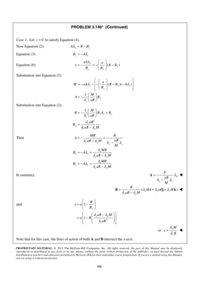 PROBLEM 3.146* (Continued) 
Case 1: Let z = 0 to satisfy Equation (4). 
Now Equation (2): Aλ y = R − By 
Equation (3): z z B = −Aλ 
λ   
aA a 
Equation (6): ( ) y 
= − = −  − 
x RB 
B B 
  
λ λ 
= −  M 
   
+ R B B 
aR 
aR 
MR R 
= − = 
− − 
λ λ λ λ 
λ 
P 
aR 
M 
A  
R 
= + + 
B i j k  
λ λ 
λ 
M 
PROPRIETARY MATERIAL. © 2013 The McGraw-Hill Companies, Inc. All rights reserved. No part of this Manual may be displayed, 
reproduced or distributed in any form or by any means, without the prior written permission of the publisher, or used beyond the limited 
distribution to teachers and educators permitted by McGraw-Hill for their individual course preparation. If you are a student using this Manual, 
you are using it without permission. 
326 
y 
y y 
Substitution into Equation (5): 
( )( ) 
1 
z y z 
y 
y 
z 
a 
M aA R B A 
B 
M 
A B 
aR 
λ 
    
= − − −  − −      
= −     
  
Substitution into Equation (2): 
2 
1 
y y y 
z 
z 
y 
z y 
B 
aR M 
λ 
λ 
  
λ 
λ λ 
= 
− 
Then 
z y 
y z 
x 
x x 
z y 
z 
z z 
z y 
A 
aR M aR 
M 
MR 
B A 
aR M 
MR 
B A 
aR M 
λ 
λ λ 
λ 
λ 
λ λ 
= − = 
− 
= − = 
− 
In summary, A 
y z 
λ 
λ λ 
= 
− 
( ) x z z 
z y 
M aR M 
aR M 
λ λ λ 
λ − 
λ 
and 
2 
1 
1 
y 
z y 
z 
R 
x a 
B 
aR M 
a R 
aR 
  
=  −  
  
  −  
=  −      
or y 
z 
x 
R 
λ 
λ 
=  
Note that for this case, the lines of action of both A and B intersect the x-axis. 
 