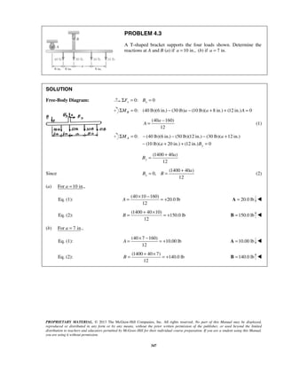 PROBLEM 4.3 
A T-shaped bracket supports the four loads shown. Determine the 
reactions at A and B (a) if a =10 in., (b) if a = 7 in. 
SOLUTION 
Free-Body Diagram: 0: 0 x x ΣF = B = 
0: (40 lb)(6 in.) (30 lb) (10 lb)( 8 in.) (12 in.) 0 BΣM = − a − a + + A = 
(40 a 
− 160) 
A 
= (1) 
Σ M = − − − a 
+ 
− + + = 
B B 
= = + (2) 
A 
= × − = + A = 20.0 lb  
B 
= + × = + B =150.0 lb  
A 
= × − = + A =10.00 lb  
B 
= + × = + B =140.0 lb  
PROPRIETARY MATERIAL. © 2013 The McGraw-Hill Companies, Inc. All rights reserved. No part of this Manual may be displayed, 
reproduced or distributed in any form or by any means, without the prior written permission of the publisher, or used beyond the limited 
distribution to teachers and educators permitted by McGraw-Hill for their individual course preparation. If you are a student using this Manual, 
you are using it without permission. 
347 
12 
0: (40 lb)(6 in.) (50 lb)(12 in.) (30 lb)( 12 in.) 
(10 lb)( 20 in.) (12 in.) 0 
A 
y 
a B 
(1400 40 ) 
12 y 
a 
B 
= + 
Since 
(1400 40 ) 
0, 
12 x 
a 
(a) For a =10 in., 
Eq. (1): 
(40 10 160) 
20.0 lb 
12 
Eq. (2): 
(1400 40 10) 
150.0 lb 
12 
(b) For a = 7 in., 
Eq. (1): 
(40 7 160) 
10.00 lb 
12 
Eq. (2): 
(1400 40 7) 
140.0 lb 
12 
 