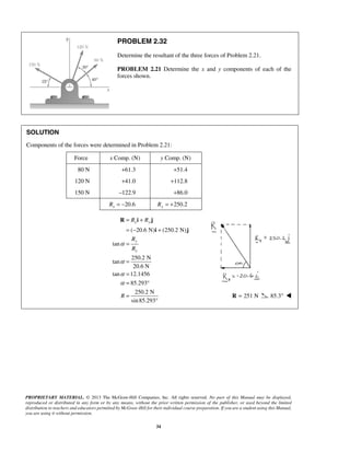 PROBLEM 2.32 
Determine the resultant of the three forces of Problem 2.21. 
PROBLEM 2.21 Determine the x and y components of each of the 
forces shown. 
SOLUTION 
Components of the forces were determined in Problem 2.21: 
Force x Comp. (N) y Comp. (N) 
80 N +61.3 +51.4 
120 N +41.0 +112.8 
150 N –122.9 +86.0 
Rx = −20.6 Ry = +250.2 
R R 
x y 
( 20.6 N) (250.2 N) 
R 
R 
y 
x 
α 
α 
α 
α 
PROPRIETARY MATERIAL. © 2013 The McGraw-Hill Companies, Inc. All rights reserved. No part of this Manual may be displayed, 
reproduced or distributed in any form or by any means, without the prior written permission of the publisher, or used beyond the limited 
distribution to teachers and educators permitted by McGraw-Hill for their individual course preparation. If you are a student using this Manual, 
you are using it without permission. 
34 
tan 
250.2 N 
tan 
20.6 N 
tan 12.1456 
85.293 
250.2 N 
sin85.293 
R 
= + 
= − + 
= 
= 
= 
= ° 
= 
° 
R i j 
i j 
R = 251 N 85.3°  
 