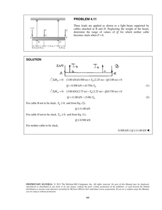 PROBLEM 4.11 
Three loads are applied as shown to a light beam supported by 
cables attached at B and D. Neglecting the weight of the beam, 
determine the range of values of Q for which neither cable 
becomes slack when P = 0. 
PROPRIETARY MATERIAL. © 2013 The McGraw-Hill Companies, Inc. All rights reserved. No part of this Manual may be displayed, 
reproduced or distributed in any form or by any means, without the prior written permission of the publisher, or used beyond the limited 
distribution to teachers and educators permitted by McGraw-Hill for their individual course preparation. If you are a student using this Manual, 
you are using it without permission. 
355 
SOLUTION 
0: (3.00 kN)(ΣMB = 0.500 m) + TD (2.25 m) −Q(3.00 m) = 0 
0.500 kN (0.750) D Q = + T (1) 
0: (3.00 kN)(2.75 m) (2.25 m) (0.750 m) 0 D B ΣM = −T −Q = 
11.00 kN (3.00) B Q = − T (2) 
For cable B not to be slack, 0, B T ≥ and from Eq. (2), 
Q ≤11.00 kN 
For cable D not to be slack, 0, D T ≥ and from Eq. (1), 
Q ≥ 0.500 kN 
For neither cable to be slack, 
0.500 kN ≤ Q ≤11.00 kN 
 