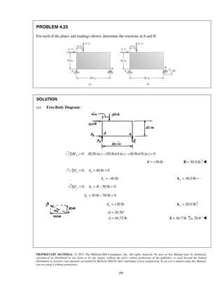 α= ° 
= A = 44.7 lb 26.6°  
PROPRIETARY MATERIAL. © 2013 The McGraw-Hill Companies, Inc. All rights reserved. No part of this Manual may be displayed, 
reproduced or distributed in any form or by any means, without the prior written permission of the publisher, or used beyond the limited 
distribution to teachers and educators permitted by McGraw-Hill for their individual course preparation. If you are a student using this Manual, 
you are using it without permission. 
371 
PROBLEM 4.25 
For each of the plates and loadings shown, determine the reactions at A and B. 
SOLUTION 
(a) Free-Body Diagram: 
0: (20 in.) (50 lb)(ΣMA = B − 4 in.) − (40 lb)(10 in.) = 0 
B = +30 lb B = 30.0 lb  
0: 40 lb 0 x x ΣF = A + = 
40 lb x A = − 40.0 lb x A = 
0: 50 lb 0 ΣFy = Ay + B − = 
30 lb 50 lb 0 Ay + − = 
20 lb Ay = + 20.0 lb y A = 
26.56 
A 44.72 lb 
 
 
 
 