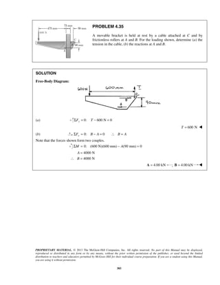 PROBLEM 4.35 
A movable bracket is held at rest by a cable attached at C and by 
frictionless rollers at A and B. For the loading shown, determine (a) the 
tension in the cable, (b) the reactions at A and B. 
PROPRIETARY MATERIAL. © 2013 The McGraw-Hill Companies, Inc. All rights reserved. No part of this Manual may be displayed, 
reproduced or distributed in any form or by any means, without the prior written permission of the publisher, or used beyond the limited 
distribution to teachers and educators permitted by McGraw-Hill for their individual course preparation. If you are a student using this Manual, 
you are using it without permission. 
383 
SOLUTION 
Free-Body Diagram: 
(a) ΣFy = 0: T − 600 N = 0 
T = 600 N  
(b) 0: 0 xΣF = B − A = ∴ B = A 
Note that the forces shown form two couples. 
ΣM = 0: (600 N)(600 mm) − A(90 mm) = 0 
A = 4000 N 
∴ B = 4000 N 
A = 4.00 kN ; B = 4.00 kN  
 