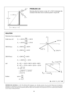PROBLEM 2.36 
Knowing that the tension in rope AC is 365 N, determine the 
resultant of the three forces exerted at point C of post BC. 
= − = − 
= − = − 
F 
F 
F 
F 
F 
F 
= Σ = − + + = 
= Σ = − + − = − 
= + 
= +− 
= 
240 N 480 N 160 N 400 N 
275 N 140 N 120 N 255 N 
R x F 
x 
R F 
y y 
R R R 
x y 
PROPRIETARY MATERIAL. © 2013 The McGraw-Hill Companies, Inc. All rights reserved. No part of this Manual may be displayed, 
reproduced or distributed in any form or by any means, without the prior written permission of the publisher, or used beyond the limited 
distribution to teachers and educators permitted by McGraw-Hill for their individual course preparation. If you are a student using this Manual, 
you are using it without permission. 
38 
SOLUTION 
Determine force components: 
Cable force AC: 
960 
(365 N) 240 N 
1460 
1100 
(365 N) 275 N 
1460 
x 
y 
500-N Force: 
24 
(500 N) 480 N 
25 
7 
(500 N) 140 N 
25 
x 
y 
= = 
= = 
200-N Force: 
4 
(200 N) 160 N 
5 
3 
(200 N) 120 N 
5 
x 
y 
= = 
= − = − 
and 
2 2 
2 2 
(400 N) ( 255 N) 
474.37 N 
Further: 
255 
tan 
400 
32.5 
α 
α 
= 
= ° 
R = 474 N 32.5°  
 