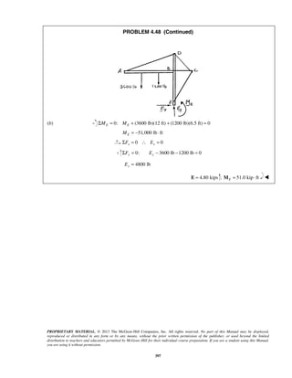 PROBLEM 4.48 (Continued) 
(b) 0: (3600 ΣME = ME + lb)(12 ft) + (1200 lb)(6.5 ft) = 0 
  51,000 lb ft E M = − ⋅ 
 0 0 x x ΣF = ∴ E = 
0: 3600 lb 1200 lb 0 ΣFy = Ey − − = 
PROPRIETARY MATERIAL. © 2013 The McGraw-Hill Companies, Inc. All rights reserved. No part of this Manual may be displayed, 
reproduced or distributed in any form or by any means, without the prior written permission of the publisher, or used beyond the limited 
distribution to teachers and educators permitted by McGraw-Hill for their individual course preparation. If you are a student using this Manual, 
you are using it without permission. 
397 
4800 lb Ey = 
E = 4.80 kips ; 51.0 kip ft EM = ⋅  
 