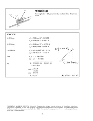 PROBLEM 2.38 
Knowing that α = 75°, determine the resultant of the three forces 
shown. 
SOLUTION 
60-lb Force: (60 lb) cos 20 56.382 lb 
(60 lb) sin 20 20.521 lb 
F 
F 
F 
F 
F 
F 
= Σ = 
= Σ = 
R F 
R F 
R= + 
= 
PROPRIETARY MATERIAL. © 2013 The McGraw-Hill Companies, Inc. All rights reserved. No part of this Manual may be displayed, 
reproduced or distributed in any form or by any means, without the prior written permission of the publisher, or used beyond the limited 
distribution to teachers and educators permitted by McGraw-Hill for their individual course preparation. If you are a student using this Manual, 
you are using it without permission. 
40 
x 
y 
= °= 
= °= 
80-lb Force: (80 lb) cos 95 6.9725 lb 
(80 lb)sin 95 79.696 lb 
x 
y 
= °= − 
= °= 
120-lb Force: (120 lb) cos 5 119.543 lb 
(120 lb)sin 5 10.459 lb 
x 
y 
= °= 
= °= 
Then 168.953 lb 
110.676 lb 
x x 
y y 
and (168.953 lb)2 (110.676 lb)2 
201.976 lb 
110.676 
tan 
168.953 
tan 0.65507 
33.228 
α 
α 
α 
= 
= 
= ° R = 202 lb 33.2°  
 