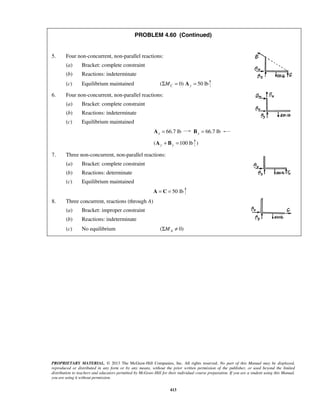 PROBLEM 4.60 (Continued) 
PROPRIETARY MATERIAL. © 2013 The McGraw-Hill Companies, Inc. All rights reserved. No part of this Manual may be displayed, 
reproduced or distributed in any form or by any means, without the prior written permission of the publisher, or used beyond the limited 
distribution to teachers and educators permitted by McGraw-Hill for their individual course preparation. If you are a student using this Manual, 
you are using it without permission. 
413 
5. Four non-concurrent, non-parallel reactions: 
(a) Bracket: complete constraint 
(b) Reactions: indeterminate 
(c) Equilibrium maintained (ΣMC = 0) Ay = 50 lb 
6. Four non-concurrent, non-parallel reactions: 
(a) Bracket: complete constraint 
(b) Reactions: indeterminate 
(c) Equilibrium maintained 
66.7 lb x A = 66.7 lb x B = 
( 100 lb y y A + B = ) 
7. Three non-concurrent, non-parallel reactions: 
(a) Bracket: complete constraint 
(b) Reactions: determinate 
(c) Equilibrium maintained 
A = C = 50 lb 
8. Three concurrent, reactions (through A) 
(a) Bracket: improper constraint 
(b) Reactions: indeterminate 
(c) No equilibrium ( 0) A ΣM ≠ 
 