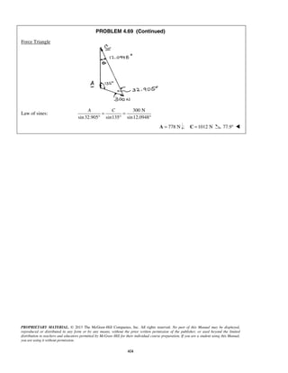 PROBLEM 4.69 (Continued) 
A C = = 
° ° ° 
PROPRIETARY MATERIAL. © 2013 The McGraw-Hill Companies, Inc. All rights reserved. No part of this Manual may be displayed, 
reproduced or distributed in any form or by any means, without the prior written permission of the publisher, or used beyond the limited 
distribution to teachers and educators permitted by McGraw-Hill for their individual course preparation. If you are a student using this Manual, 
you are using it without permission. 
424 
Force Triangle 
Law of sines: 
300 N 
sin 32.905 sin135 sin12.0948 
A = 778 N ; C =1012 N 77.9°  
 